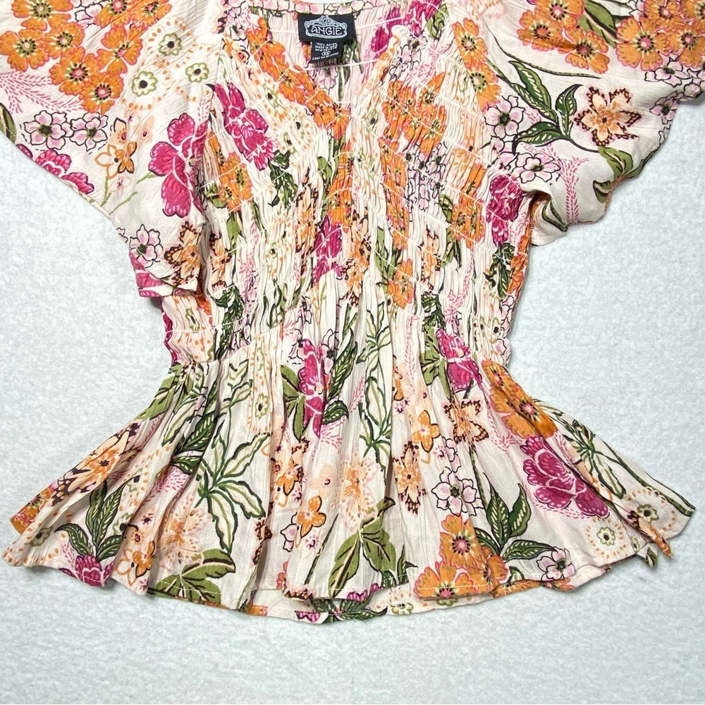 Angie Top Womens XS Boho Floral Peplum Smocked Blouse Flutter Sleeve Cottagecore - Picture 4 of 12